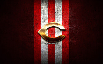 Cincinnati Reds emblem, MLB, golden emblem, red metal background, american baseball team, Major League Baseball, baseball, Cincinnati Reds HD wallpaper
