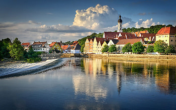 Town in Bavaria, Germany, town, clouds, houses, Germany, water HD wallpaper
