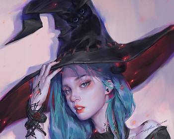 Witch, girl, hat, blue, z wy, art, halloween, zwy, zwyart, fantasy, face, hair HD wallpaper