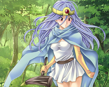 Sage, purple hair, cute, red eyes, long hair, mad, sinister, game, , warrior, female, sexy, woods, hot, girl, armor, anime girl, anime, video game, rpg, weapon, angry, hammer, dragon quest, forest HD wallpaper