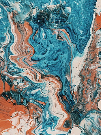 Dynamic abstract painting with swirling turquoise, orange, and white colors, creating a flowing and vibrant effect. HD phone wallpaper