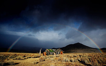 Rainbow and Darkness, rain, house, landscape, scencery, rainy, beautiful, dark, darkness, rainbow, field, view, nature, mounts, sky, mountains, home HD wallpaper