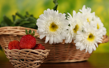 Flowers, Food, Strawberry, Berries, Basket HD wallpaper