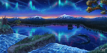 Aurora lake, zyane, fantasy, art, waterfall, luminos, water, lake, aurora HD wallpaper