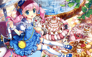 Fujima Takuya, blue, sweets, cute, dessert, girl, cat, food, dress, cake, pink, anime, manga HD wallpaper