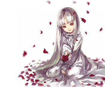 Red Rose, silver hair, emotional, gloom, cute, eerie, red eyes, long hair, creepy, dress, rose, petals, flower, sinister, , female, plain, sexy, white, roses, hot, girl, gloomy, sad, anime girl, simple, creep, anime, white hair, gown, flora HD wallpaper