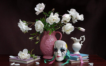 Still life with mask and books, white, black, mask, vase, still life, rose, books, pink, flower, green HD wallpaper