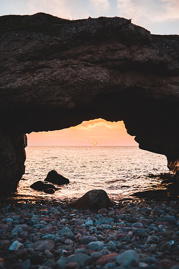Nature, Sunset, Stones, Pebble, Sea, Coast, Arch HD phone wallpaper