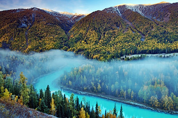 Morning Mist, river, China, snowy peak, beautiful, sunrise, Nature Reserve, trees, turquoise water, mountains, forest HD wallpaper