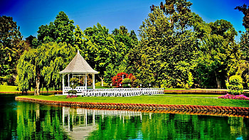 Summer gazebo, river, gazebo, lake, summer, reflection, mirrored, trees, greenery, nature HD wallpaper