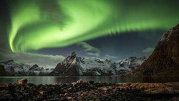 Northern lights, Mountains, Night, Lights, Norway, Sea HD wallpaper
