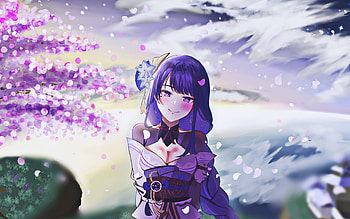 Raiden Shogun, spring, Genshin Impact, sakura, Raiden Shogun Genshin Impact, manga, violet hair, Raiden Shougun, Raiden Ei HD wallpaper