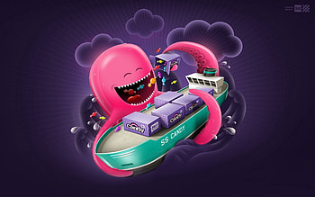 Octopus, Bright, 3D, Ship HD wallpaper