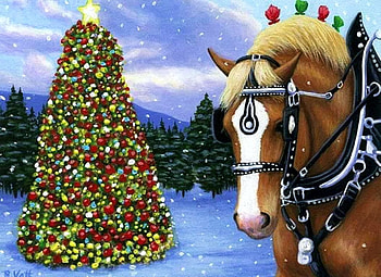 A Belgian Christmas, artwork, Horse, painting, snow, trees, christmas tree HD wallpaper