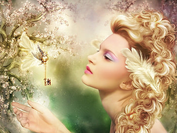 THE KEY TO LIFE, FEMALE, FEATHER, WINGS, KEY HD wallpaper