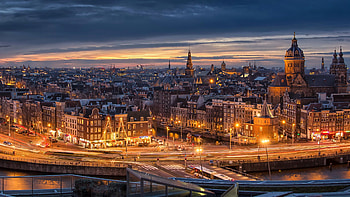 Amsterdam Skyline, Sunset Lights, Road Home, Evening Amsterdam HD wallpaper
