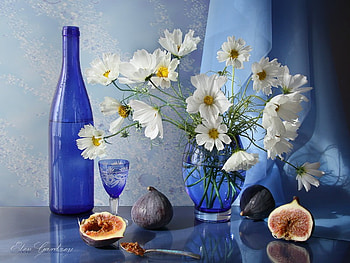 still life, blue, white, bouquet, graphy, vase, beautiful, cup, nice, flower, cool, fruit, flowers, , fig, harmony HD wallpaper