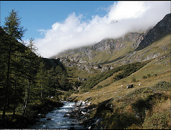 Italian's Alpes, river, clouds, trees, sky, nature, mountains, water HD wallpaper