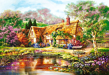 Cottage by the Pond, stones, house, painting, garden, trees, flowers, water HD wallpaper