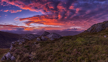 Landscape, Nature, Sunset, Grass, Stones, Mountains, Clouds HD wallpaper