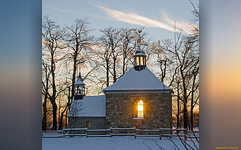 Church at Winter Sunset, winter, snow, trees, church, sunset HD wallpaper