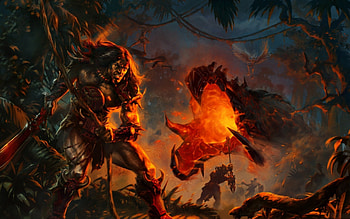 conan encounter, epic, dark, hell, battle, dragon, creature, fire, conan, warrior HD wallpaper