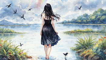 Anime Girl At Serene Lake, anime-girl, anime, lake, rainbow, artist, artwork, digital-art, deviantart HD wallpaper