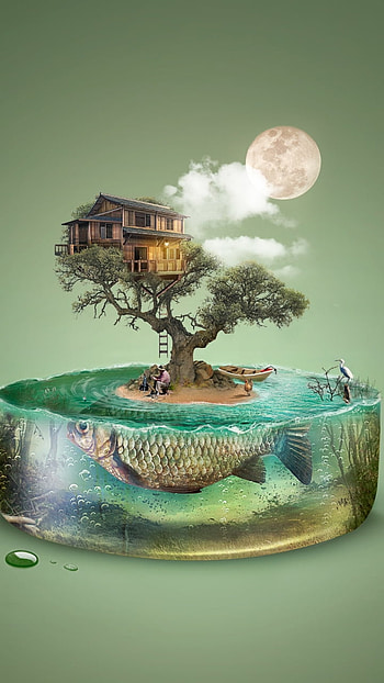 Underwater Isle: Treehouse on a Sleeping Whale, underwater, house, island, fish, tree, artistic, surreal HD phone wallpaper