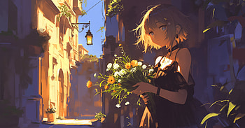 Flowers by Uomi, girl, flower, black dress, alley, Anime, anime girl HD wallpaper