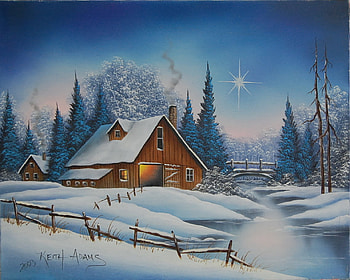Star Bright, winter, pines, snow, scenic, fence, trees, barn, frozen, quite, cold, country, cabin, star, pretty, lights, bridge, sky, lovely, evening, stream HD wallpaper