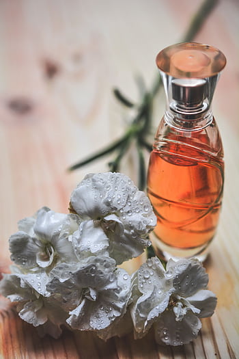 Glass perfume bottle alongside dew-kissed white carnation flowers on wood surface. HD phone wallpaper