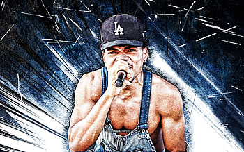 Chance The Rapper, grunge art, american rapper, music stars, Chance The Rapper with micro, blue abstract rays, Chancellor Johnathan Bennett, american celebrity, Chance The Rapper HD wallpaper