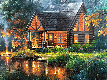 Wooden cottage by the lake, wooden, art, fall, house, beautiful, serenity, lake, artwork, reflection, painting, lights, autumn, cottage, countryside, pond HD wallpaper
