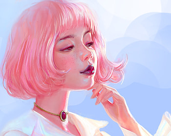 Bubblegum pink, blue, pink, fantasy, art, face, luminos, girl, hair, mandy jurgens HD wallpaper