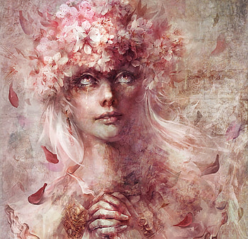 Pray, te hu, pink, art, tehu, face, girl, wreath, flower, luminos HD wallpaper