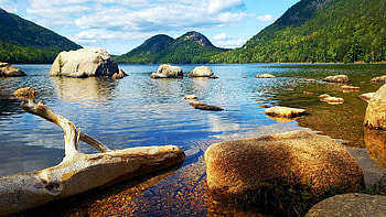 Jordan Pond, Acadia National Park, Maine, usa, landscape, clouds, trees, sky, mountains, rocks HD wallpaper