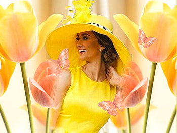 Kentucky Yellow, hat, colorful, white, vibrant, dress, tulips, butterflies, pink, vivid, green, yellow, bright, bold, flowers HD wallpaper