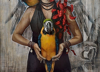 Amelia, painting, art, fantasy, sophie wilkins, pictura, parrot, hand HD wallpaper