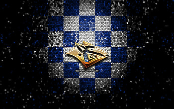 Metallurg Magnitogorsk, glitter logo, KHL, blue white checkered background, hockey, Kontinental Hockey League, Metallurg Magnitogorsk logo, mosaic art, russian hockey team, HC Metallurg Magnitogorsk HD wallpaper