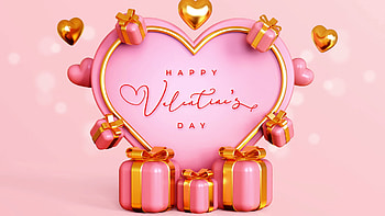 Golden Pink Hearts Gift Boxes Happy Valentine's Day Light Pink Background Valentine's Day HD wallpaper