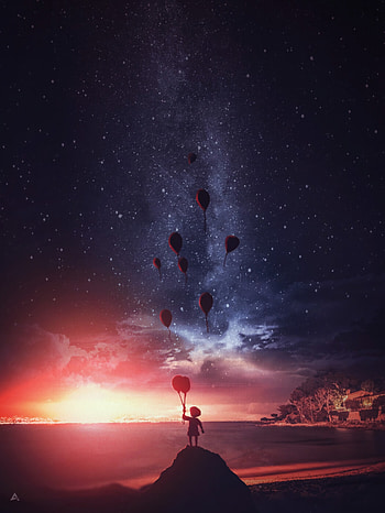 Night, Balloons, Dark, Silhouette, Miscellanea, Miscellaneous, Child, Air Balloons HD phone wallpaper