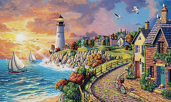 village with lighthouse, natur, lighthouse, country, village HD wallpaper