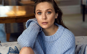 Elizabeth Olsen, portrait, american actress, hoot, blue knitted sweater, american star, Hollywood HD wallpaper