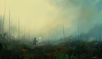 Art, Forest, Fog, Lamp, Lantern, Wanderer, Mantle HD wallpaper