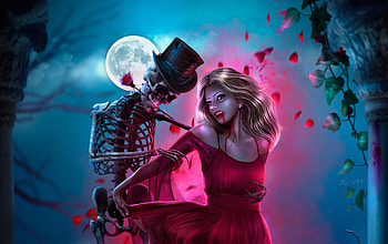 Halloween tango, dance, tango, skeleton, skull, girl, halloween, rose, fantasy, nisha2313, red, luna, luminos, love and hatred, blue, night, moon, couple, bones, trandafir HD wallpaper