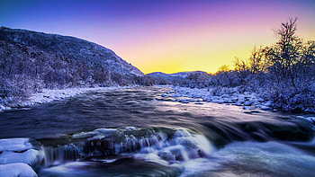River In Winter, snow, hills, landscape, trees, water, rocks, ice HD wallpaper