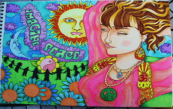 Psychedelic Woman, blue, psychedelic, colors, orange, pink, abstract, green, face, peace HD wallpaper