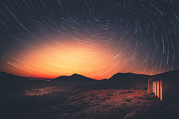 Sunset, milky way, star trails, dusk, night, outdoor HD wallpaper