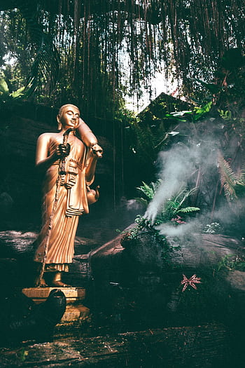A gold Buddha statue in a tranquil Thai garden amidst ferns and smoke. HD phone wallpaper
