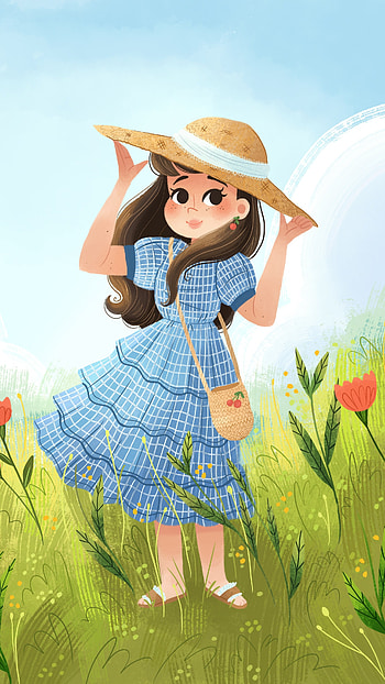 Cute Cartoon Girl, Garden, hat, grasses HD phone wallpaper